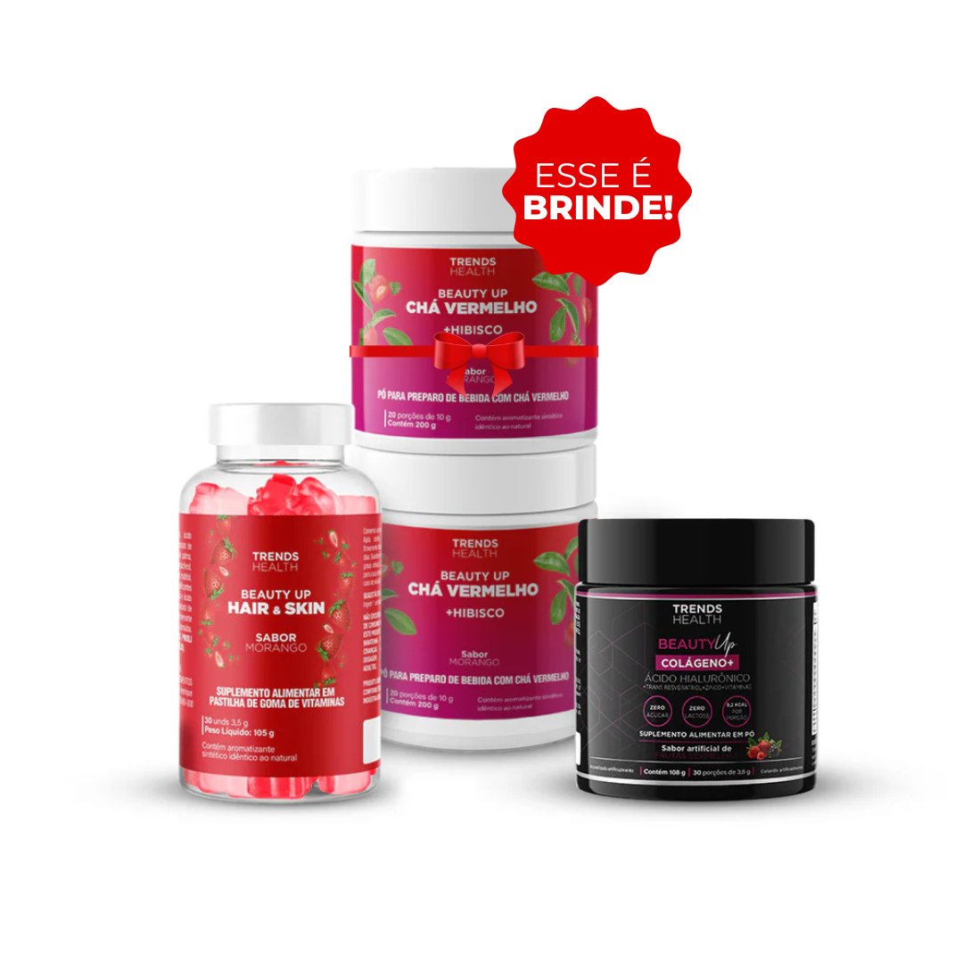 1 Colágeno + 1 Beauty Up Hair + 1 Chá Vermelho + 1 Chá vermelho BRINDE!
